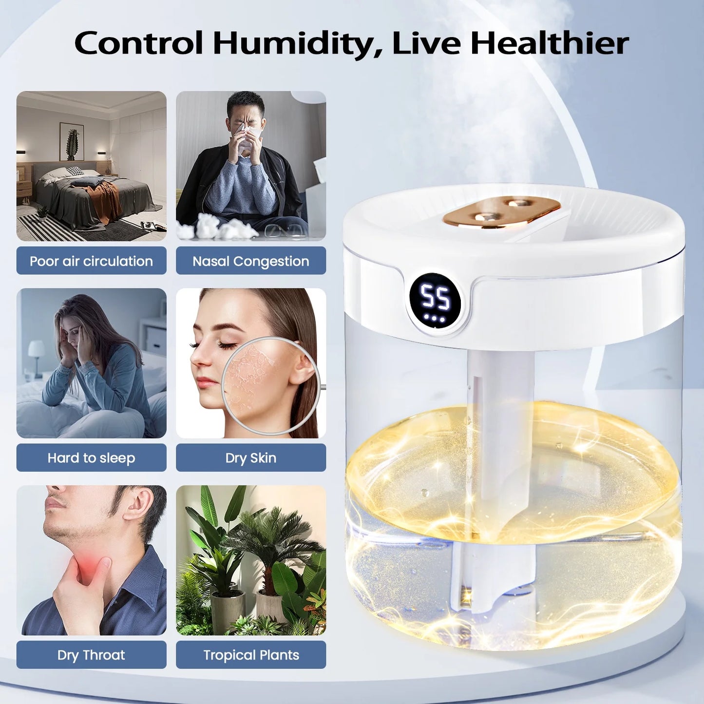 Ultrasonic Cool Mist Humidifier with 2L Top-Fill Tank, LED Humidity Display, and Dual Spray for Bedroom, Baby Room, or Plants