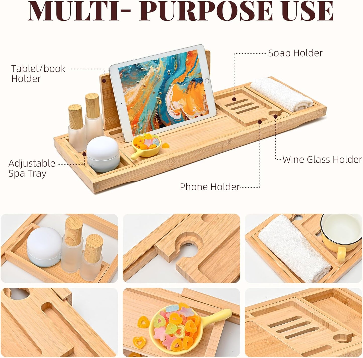 Expandable Bamboo Bath Tray with Foldable Sides – Bathtub Accessory Organizer