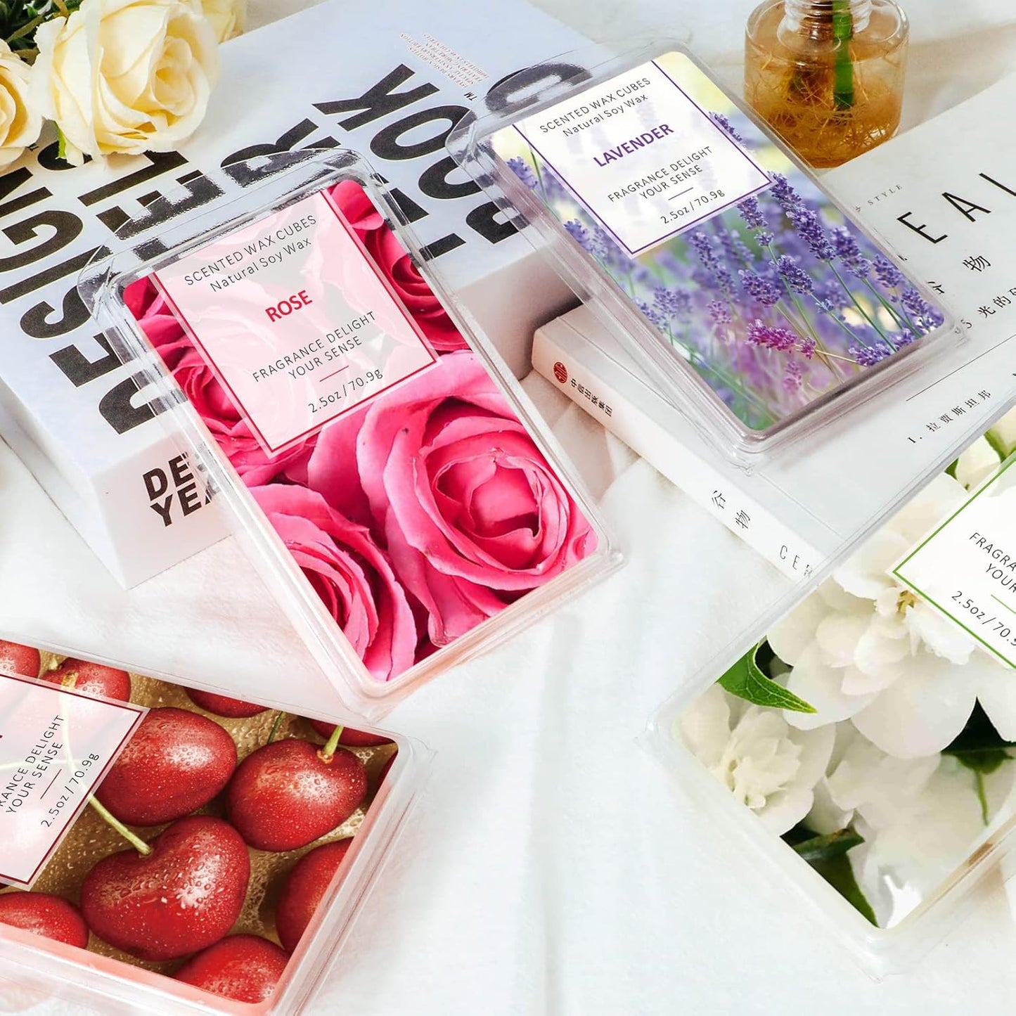 Scented Wax Melts Cubes – Rose, Lavender, Jasmine & Cherry – 4 Pack Long Lasting Fragrance
