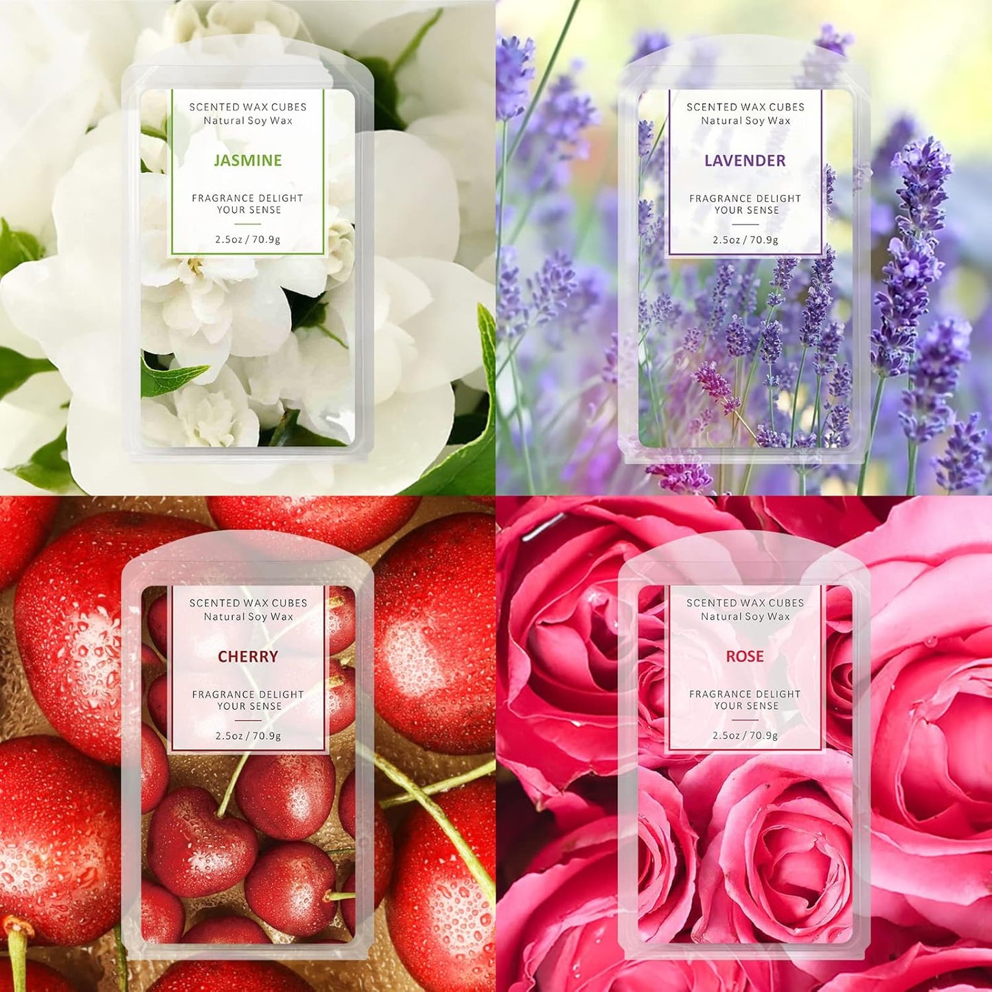 Scented Wax Melts Cubes – Rose, Lavender, Jasmine & Cherry – 4 Pack Long Lasting Fragrance