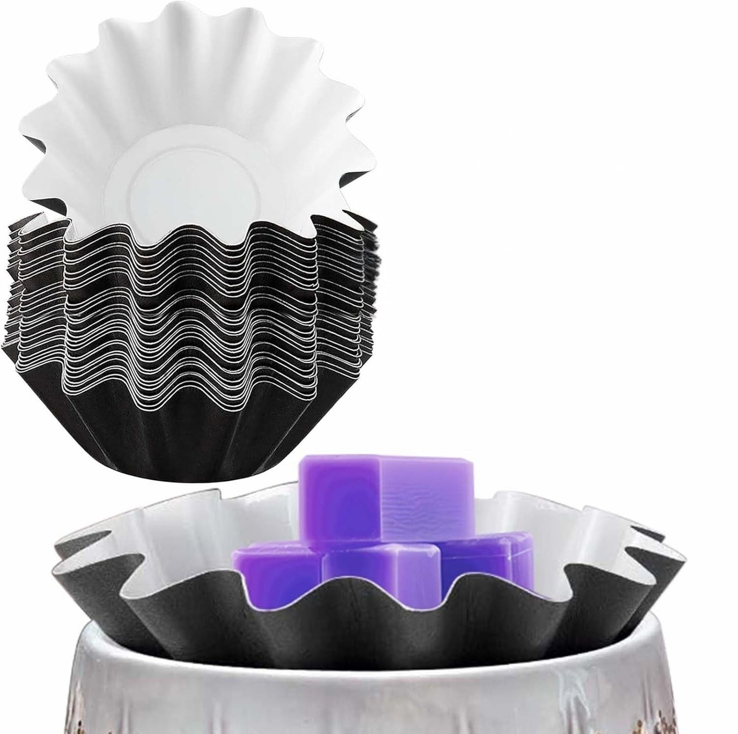 Reusable wax melt liners for mess-free melting of scented candles and wax tarts. Includes 25 cups.