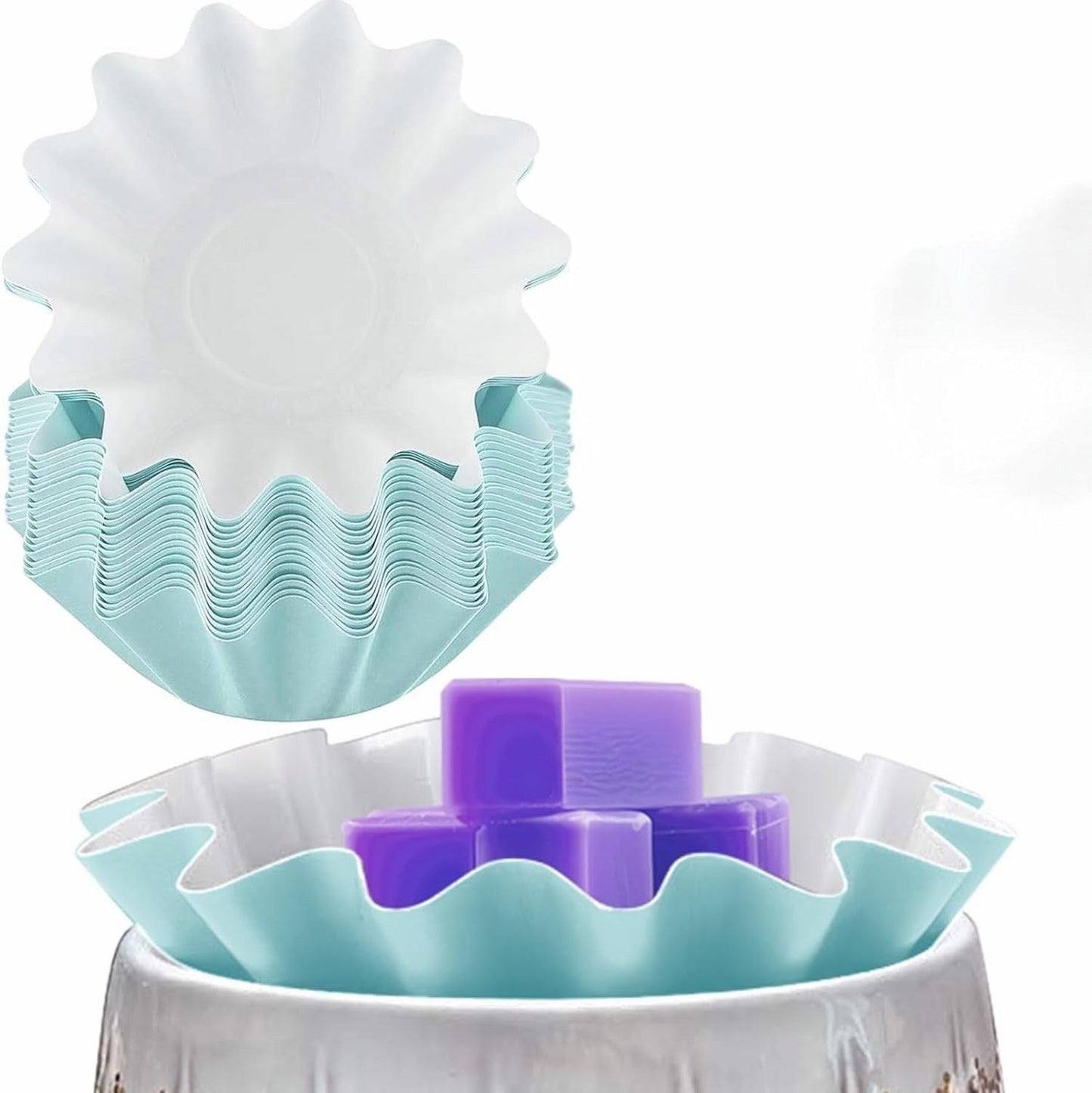 Reusable wax melt liners for mess-free melting of scented candles and wax tarts. Includes 25 cups.