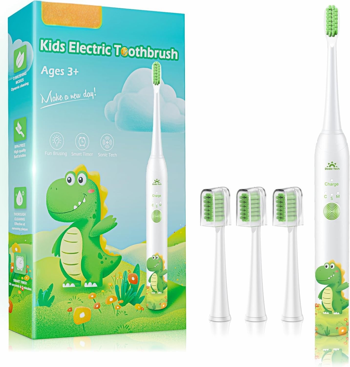 Kids Electric Toothbrush – Rechargeable, 3 Modes, Timer, 4 Brush Heads