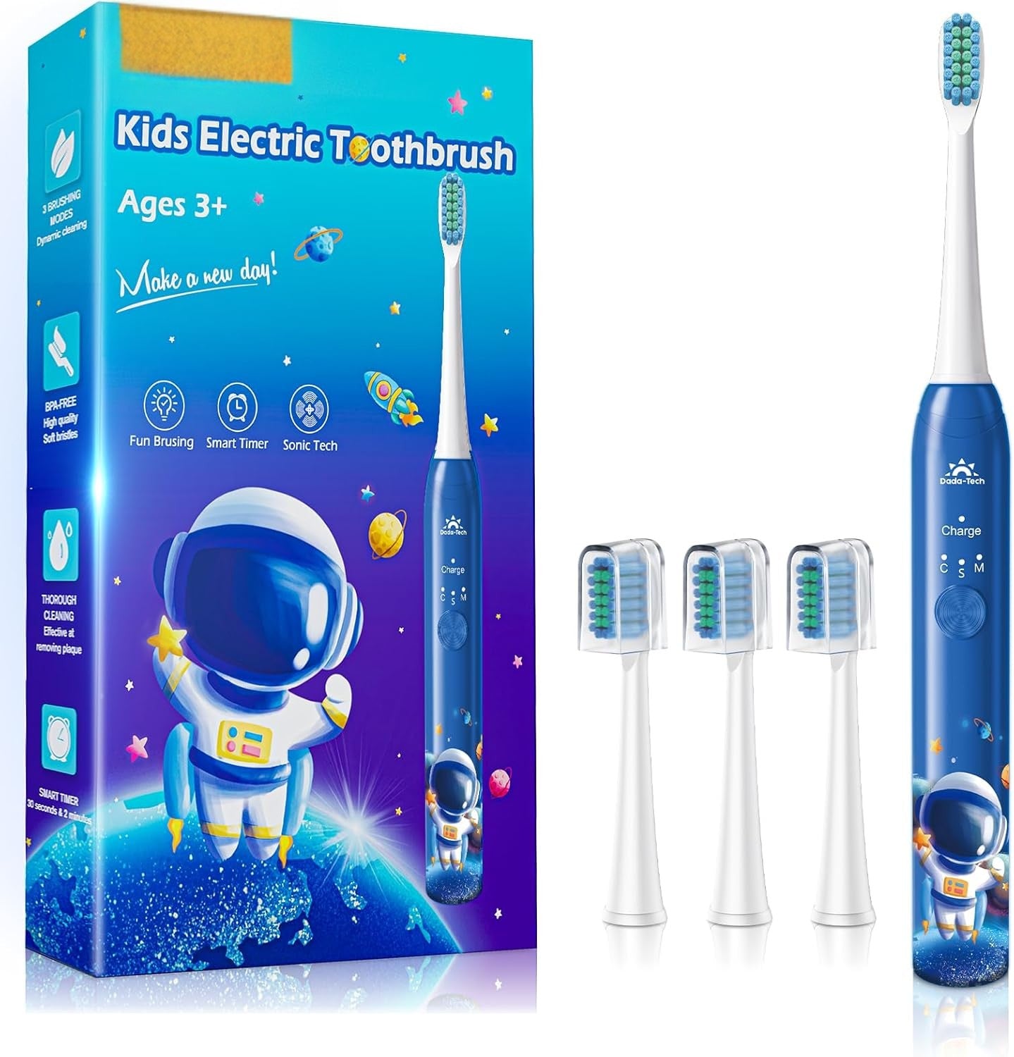 Kids Electric Toothbrush – Rechargeable, 3 Modes, Timer, 4 Brush Heads
