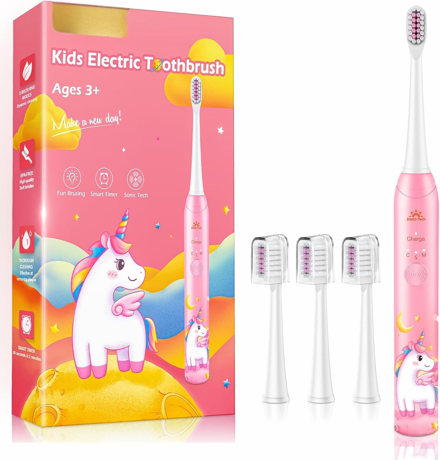 Kids Electric Toothbrush – Rechargeable, 3 Modes, Timer, 4 Brush Heads