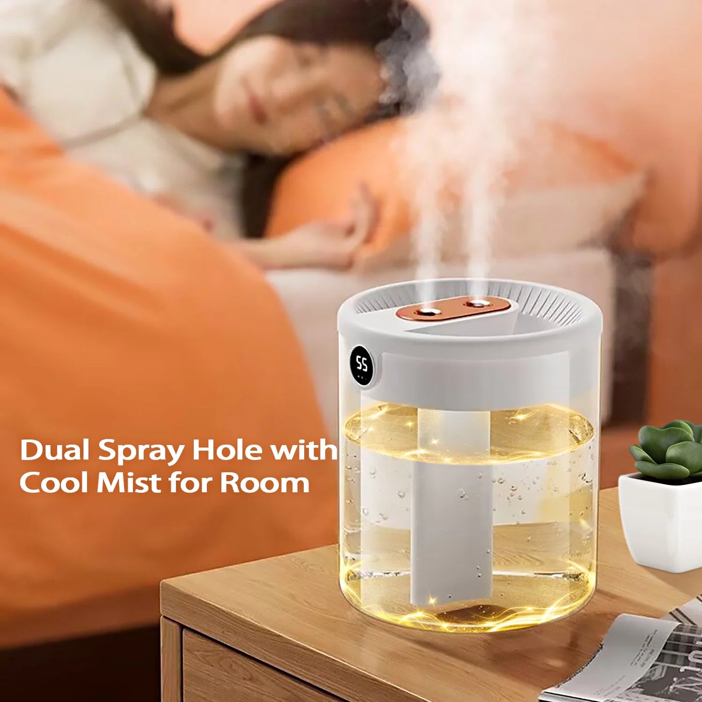 Ultrasonic Cool Mist Humidifier with 2L Top-Fill Tank, LED Humidity Display, and Dual Spray for Bedroom, Baby Room, or Plants