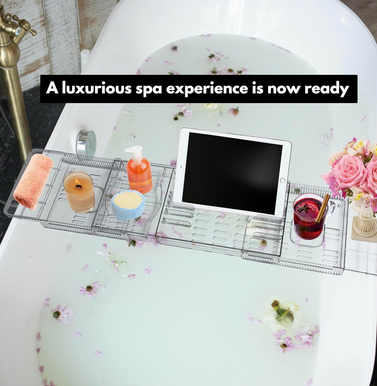 Adjustable Acrylic Bath Tray – Tub Organizer for Books, Devices & Drinks