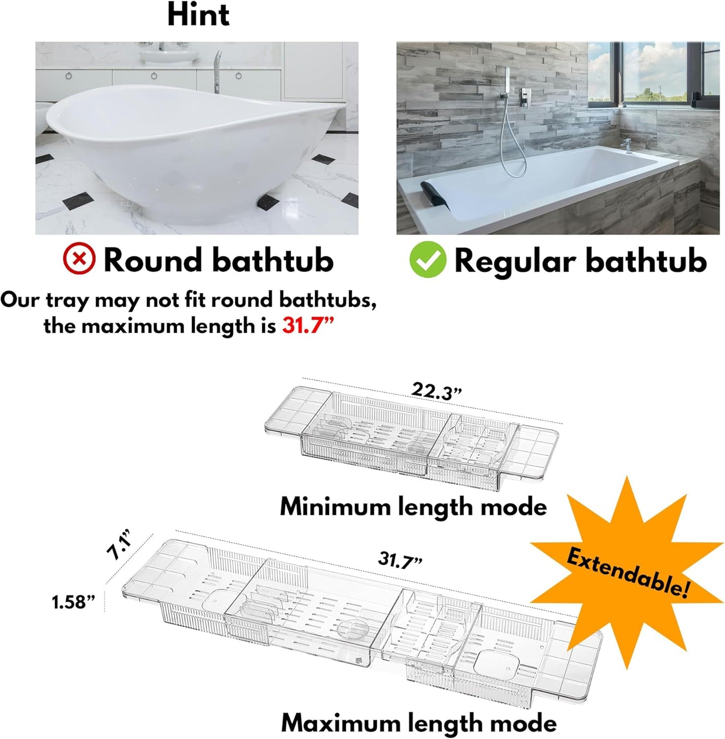 Adjustable Acrylic Bath Tray – Tub Organizer for Books, Devices & Drinks
