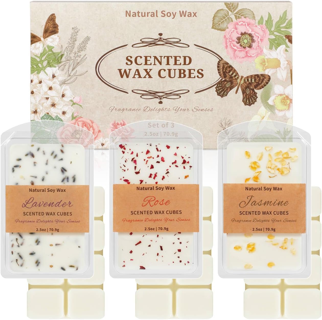 Scented Wax Melts Cubes – Rose, Lavender, Jasmine & Cherry – 4 Pack Long Lasting Fragrance