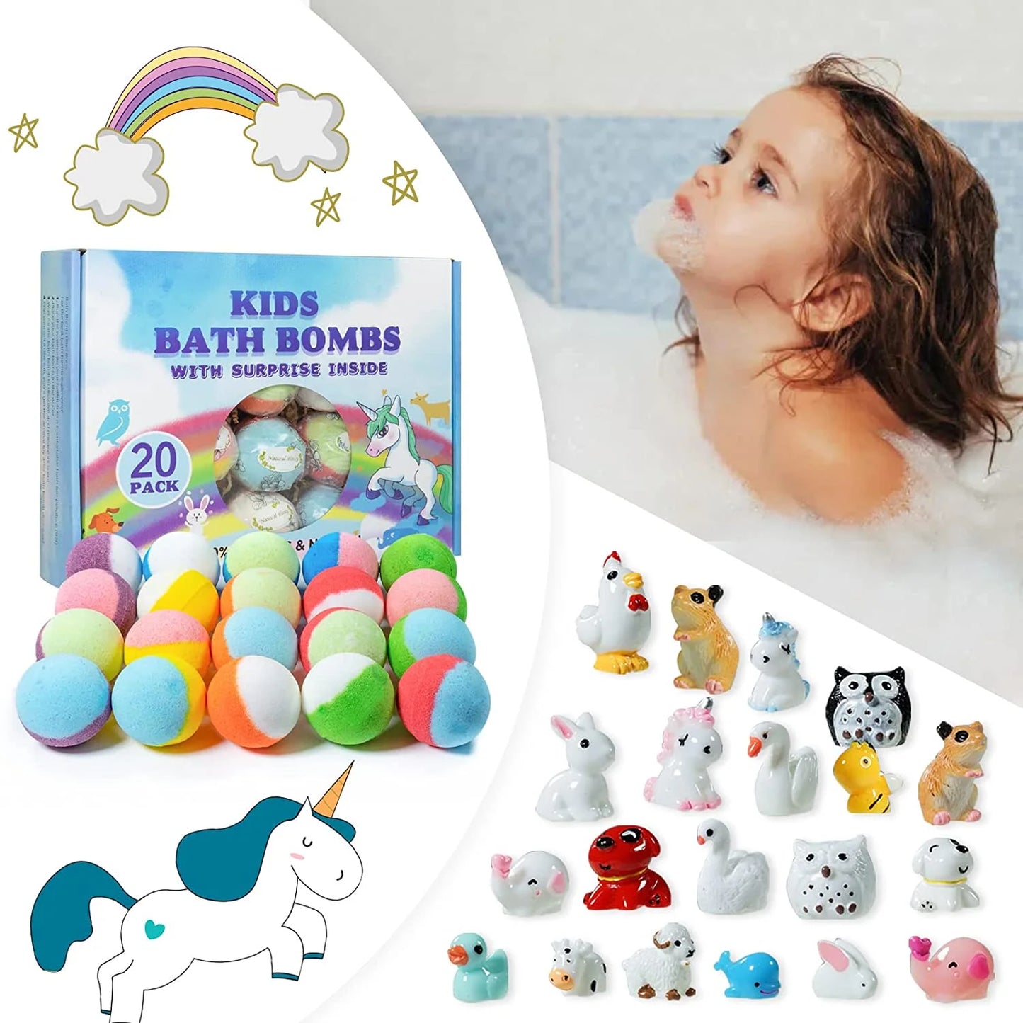 Bath Bombs for Kids, 20 Pcs Handmade Natural & Organic Bath Bombs with Surprise Toy Inside-