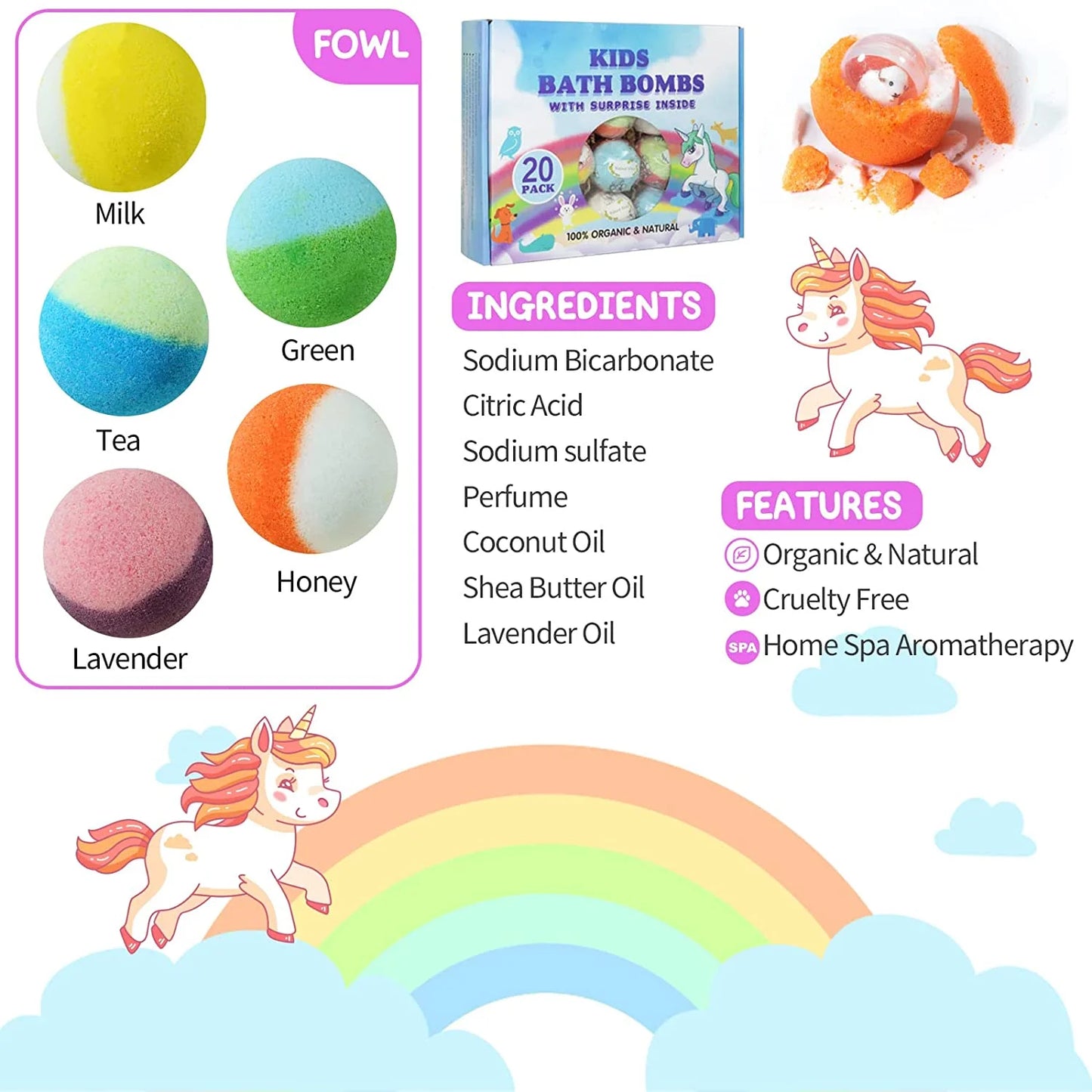 Bath Bombs for Kids, 20 Pcs Handmade Natural & Organic Bath Bombs with Surprise Toy Inside-