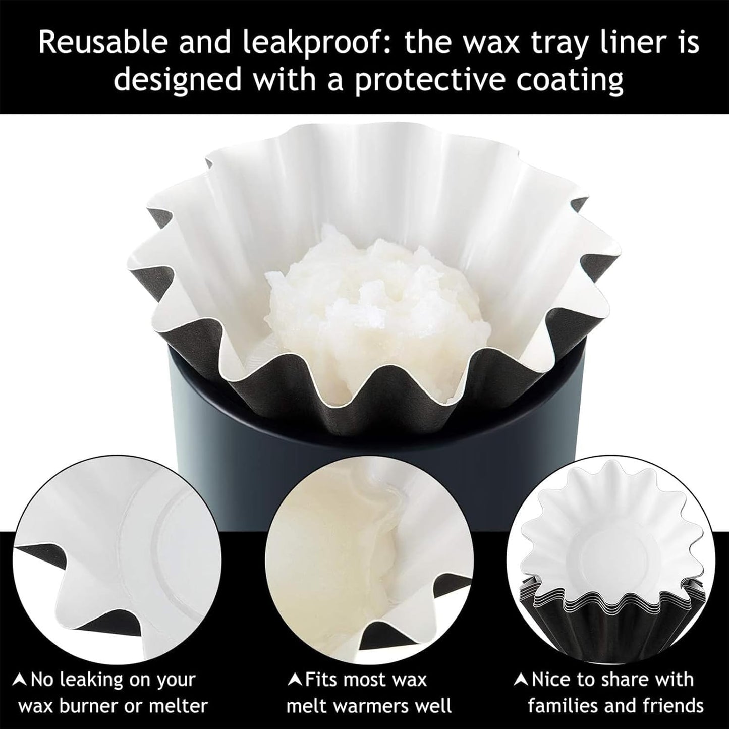 Reusable wax melt liners for mess-free melting of scented candles and wax tarts. Includes 25 cups.