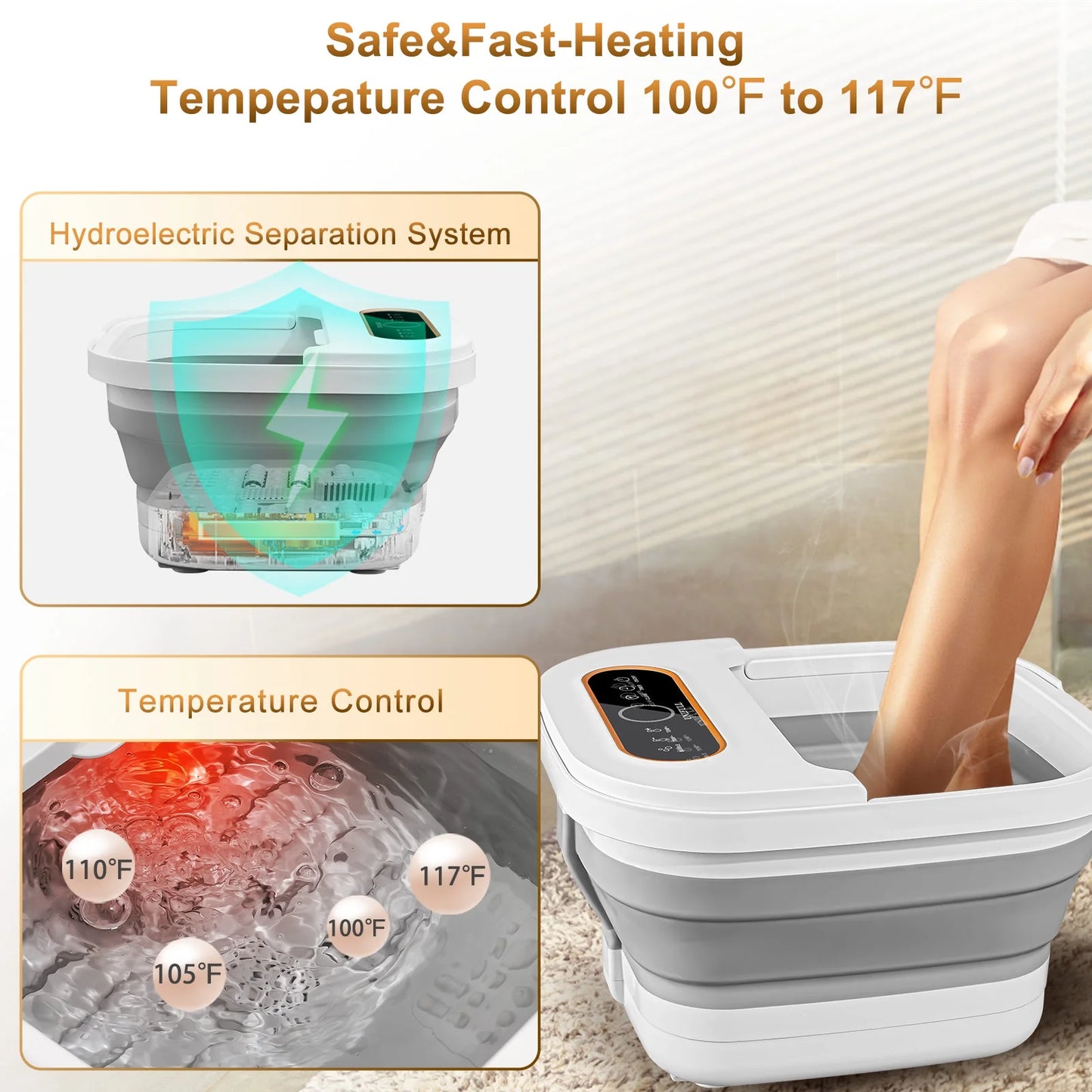 Collapsible Foot Spa – Heated Bubble Massage with Rollers and Temperature Control