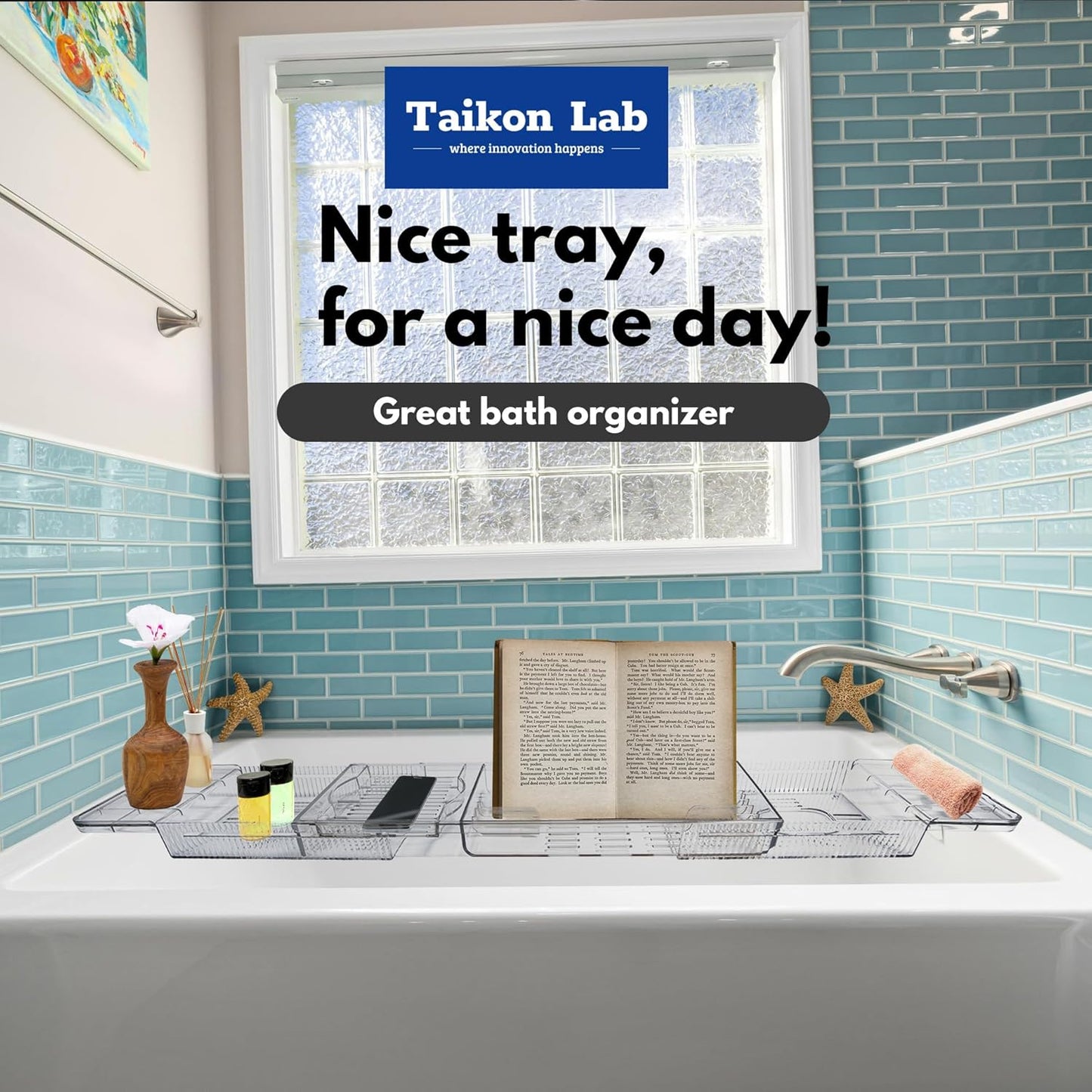 Adjustable Acrylic Bath Tray – Tub Organizer for Books, Devices & Drinks