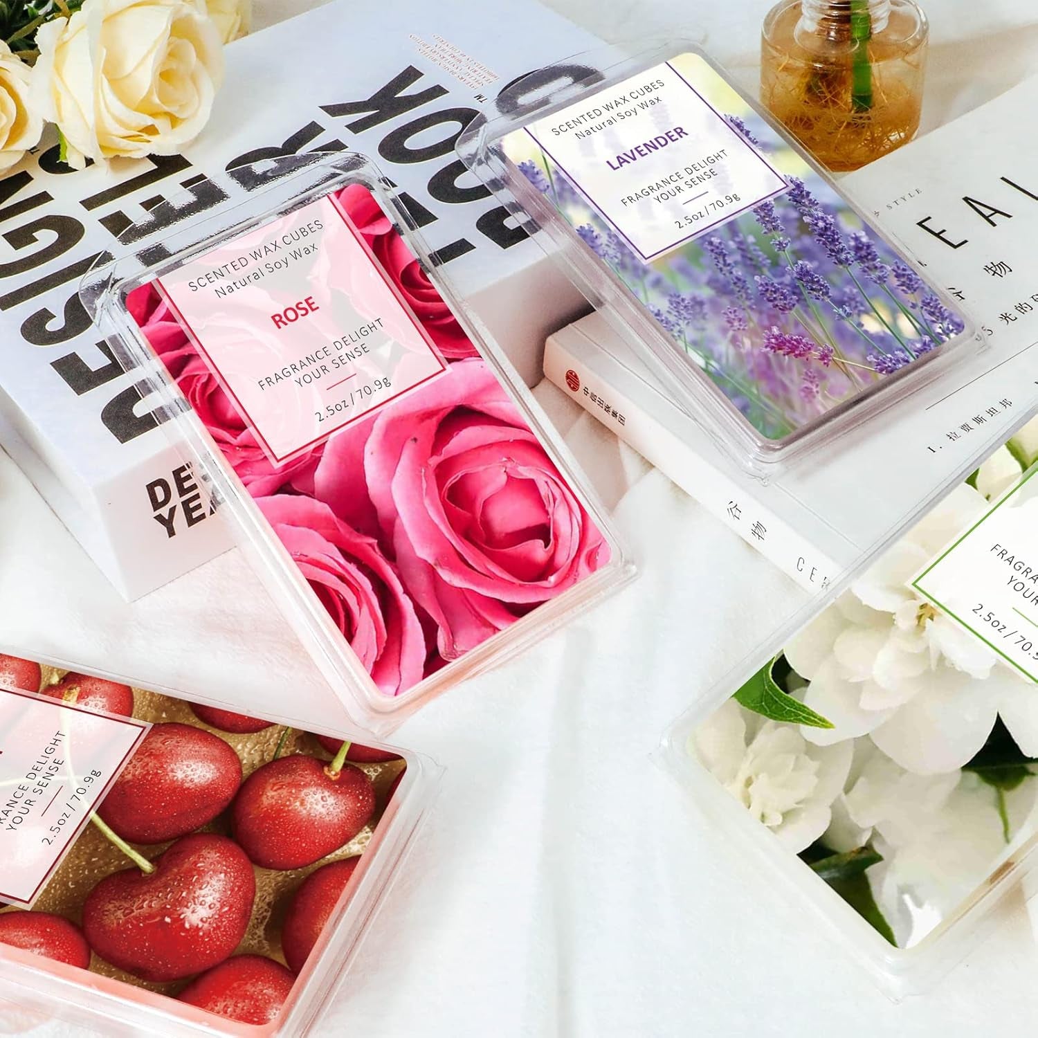 Scented Wax Melts Cubes – Rose, Lavender, Jasmine & Cherry – 4 Pack Long Lasting Fragrance