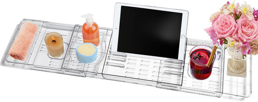 Adjustable Acrylic Bath Tray – Tub Organizer for Books, Devices & Drinks