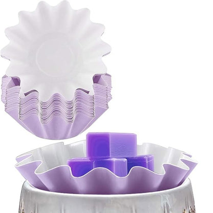 Reusable wax melt liners for mess-free melting of scented candles and wax tarts. Includes 25 cups.