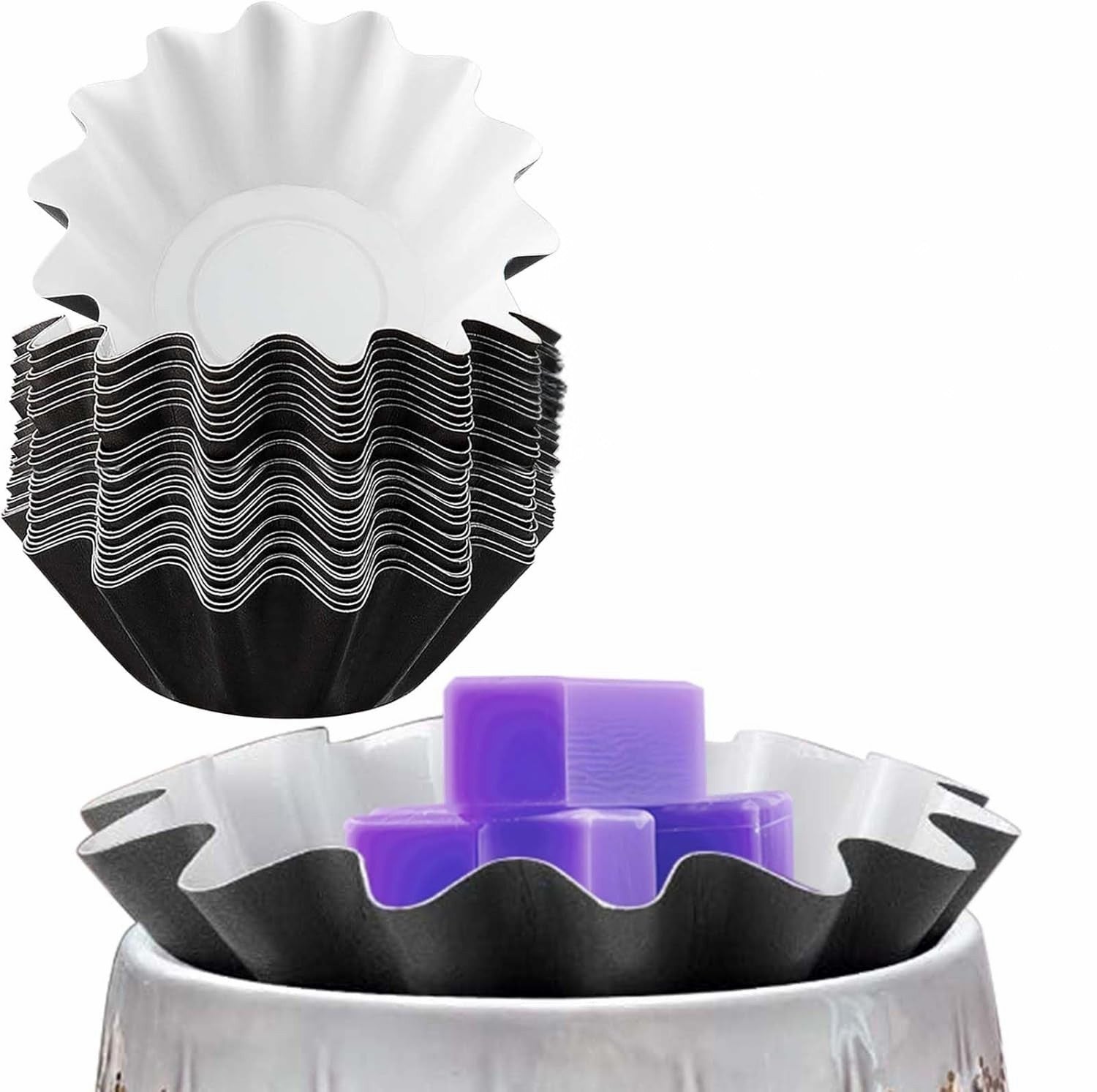 Reusable wax melt liners for mess-free melting of scented candles and wax tarts. Includes 25 cups.