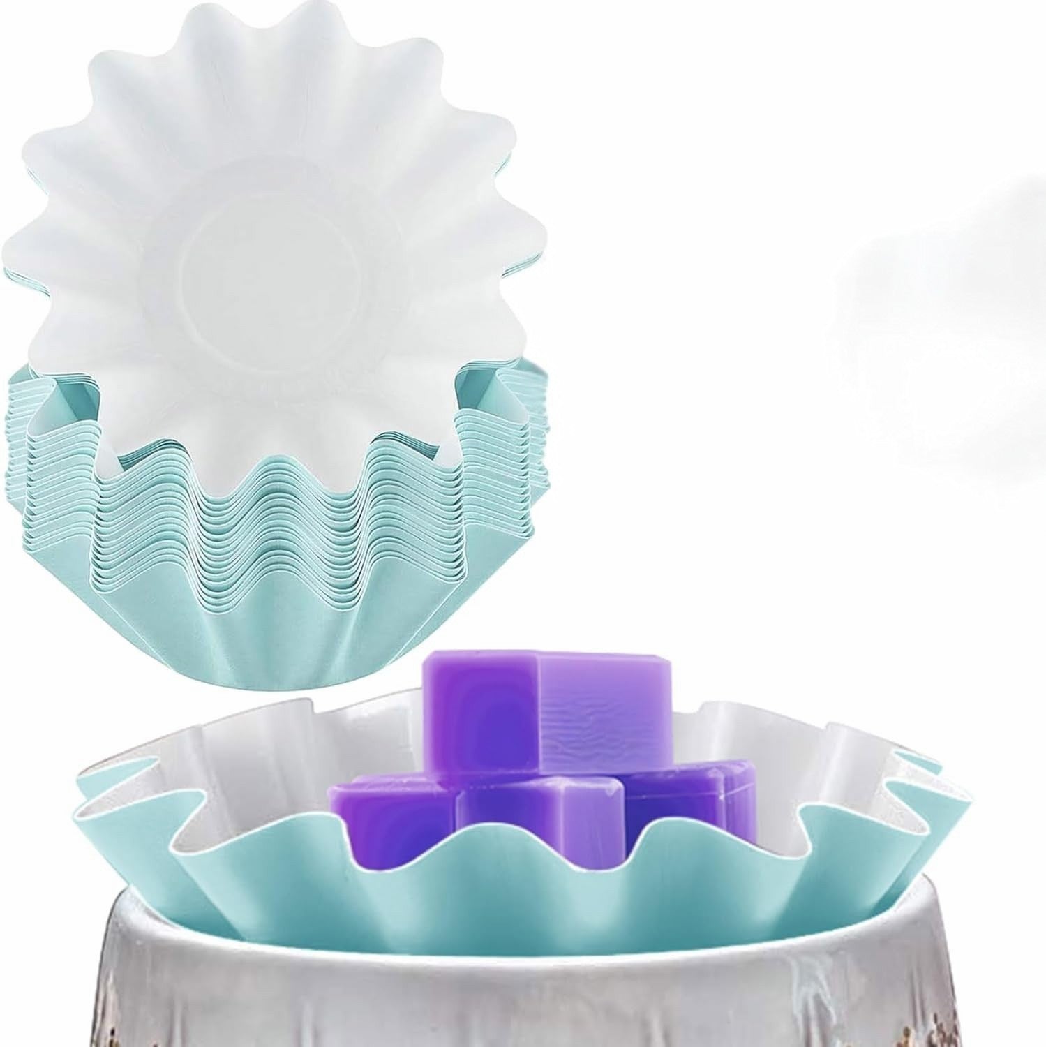 Reusable wax melt liners for mess-free melting of scented candles and wax tarts. Includes 25 cups.