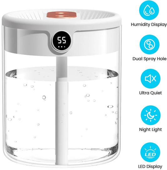 Ultrasonic Cool Mist Humidifier with 2L Top-Fill Tank, LED Humidity Display, and Dual Spray for Bedroom, Baby Room, or Plants