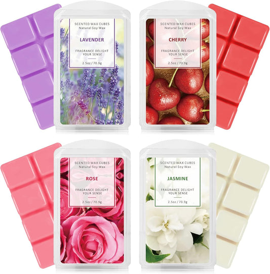 Scented Wax Melts Cubes – Rose, Lavender, Jasmine & Cherry – 4 Pack Long Lasting Fragrance