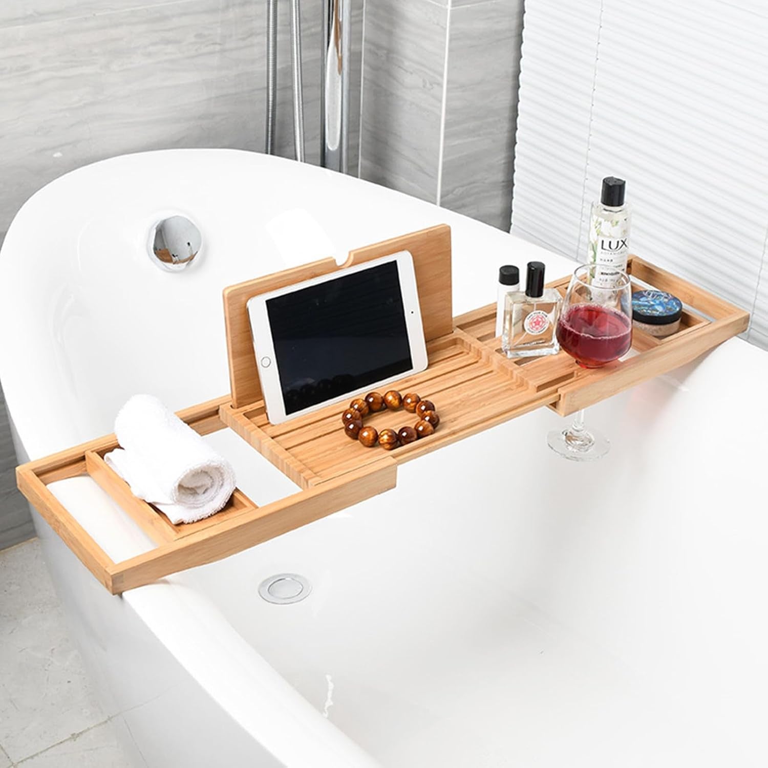 Expandable Bamboo Bath Tray with Foldable Sides – Bathtub Accessory Organizer