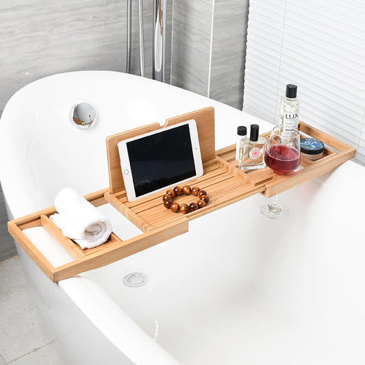 Expandable Bamboo Bath Tray with Foldable Sides – Bathtub Accessory Organizer