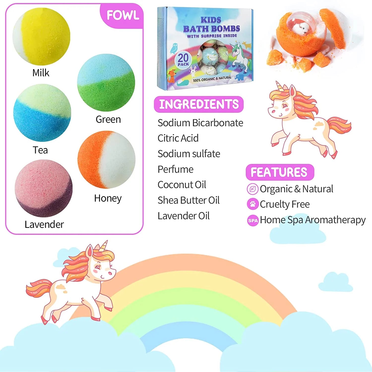 Bath Bombs for Kids, 20 Pcs Handmade Natural & Organic Bath Bombs with Surprise Toy Inside-